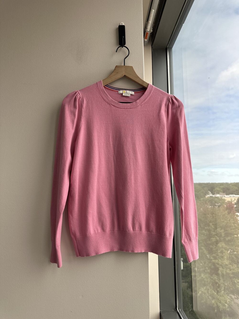 Boden Pink Puff Shoulder Cotton Blend Crewneck Sweater Women's Sz M